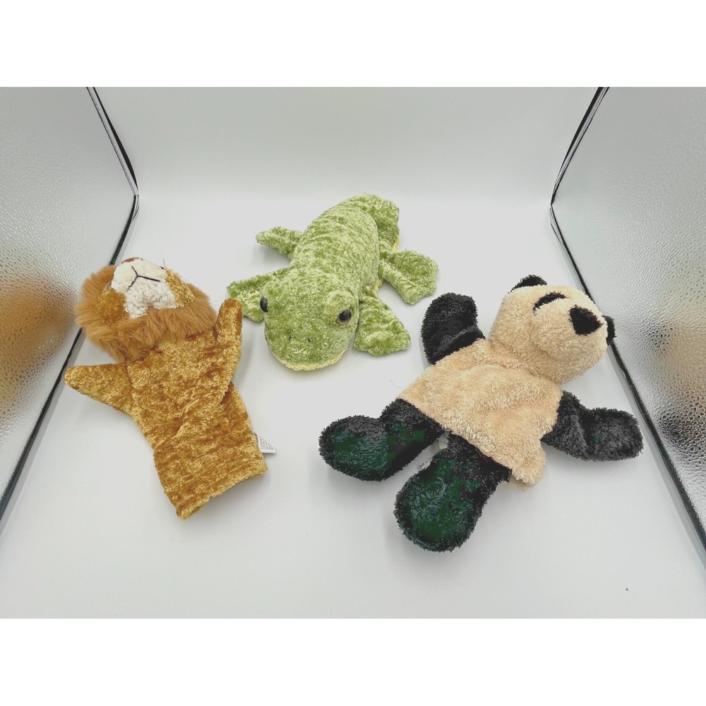 Lot of 3 Animal Hand Puppets Furry Plush Lion Panda Frog, Woods Forest Mountains